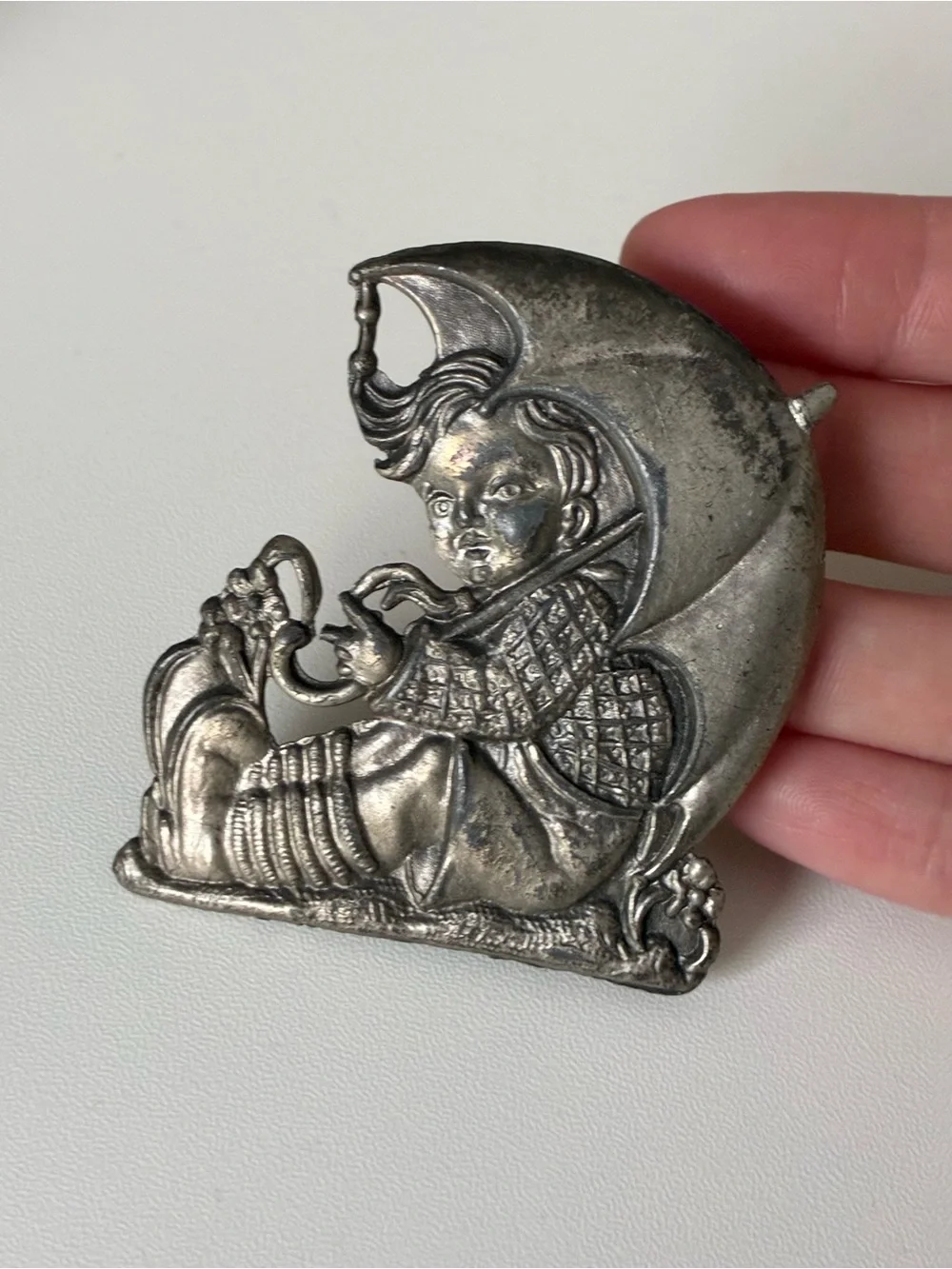 Vintage Boy With Umbrella Brooch Pin